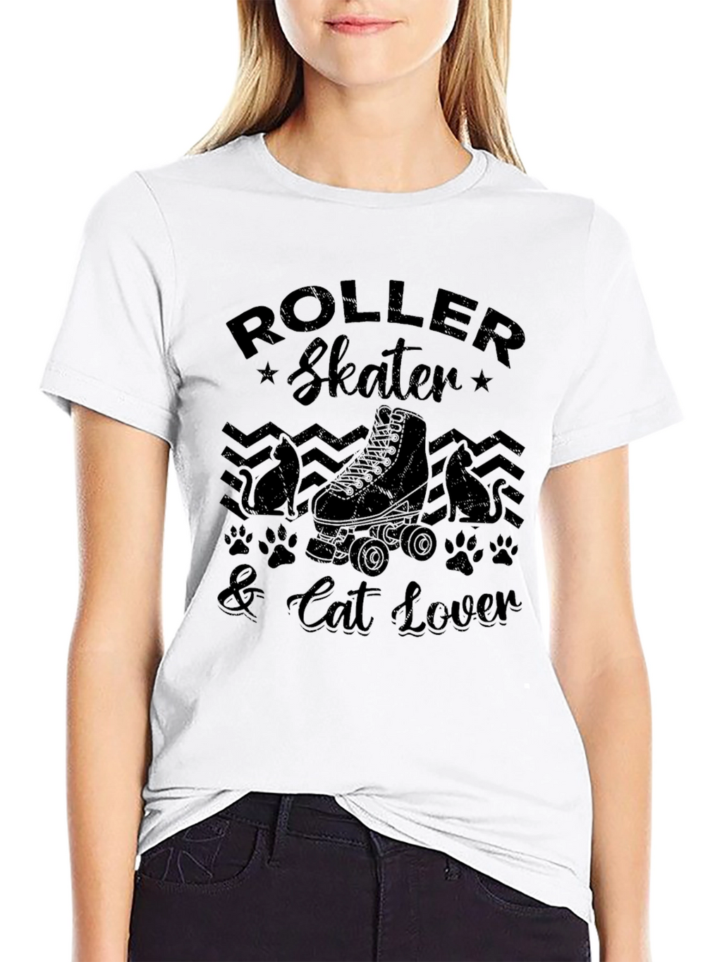 Roller Skater & Cat Lover Black Graphic T-Shirt