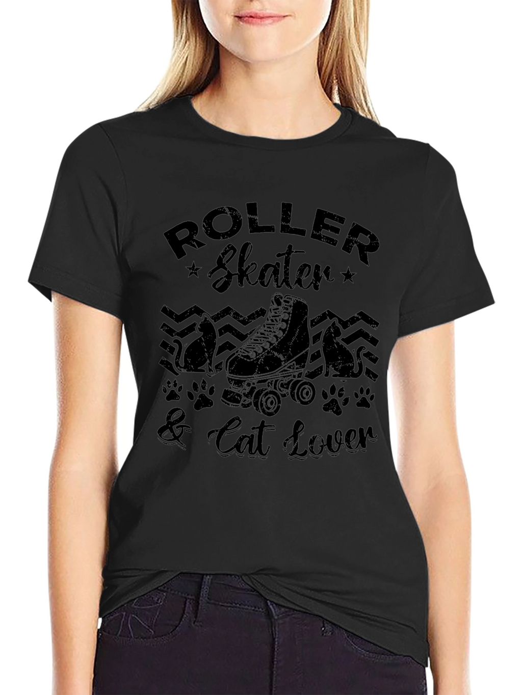 Roller Skater & Cat Lover Black Graphic T-Shirt