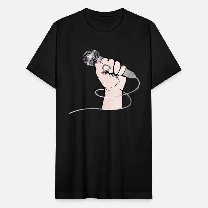A hand of a singer holds a singing microphone