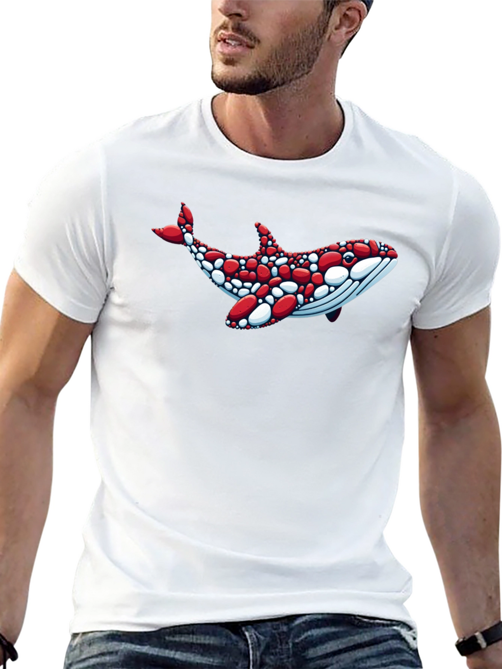 Whale Graphic Tee - Unique Red & White Design