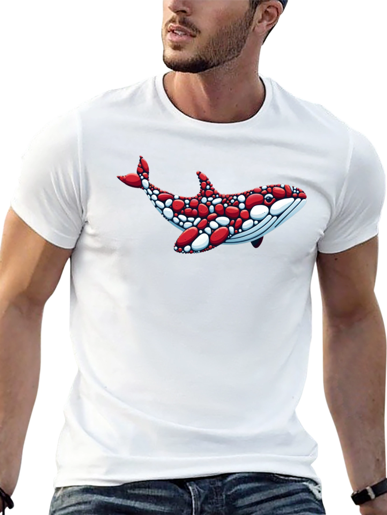 Whale Graphic Tee - Unique Red & White Design