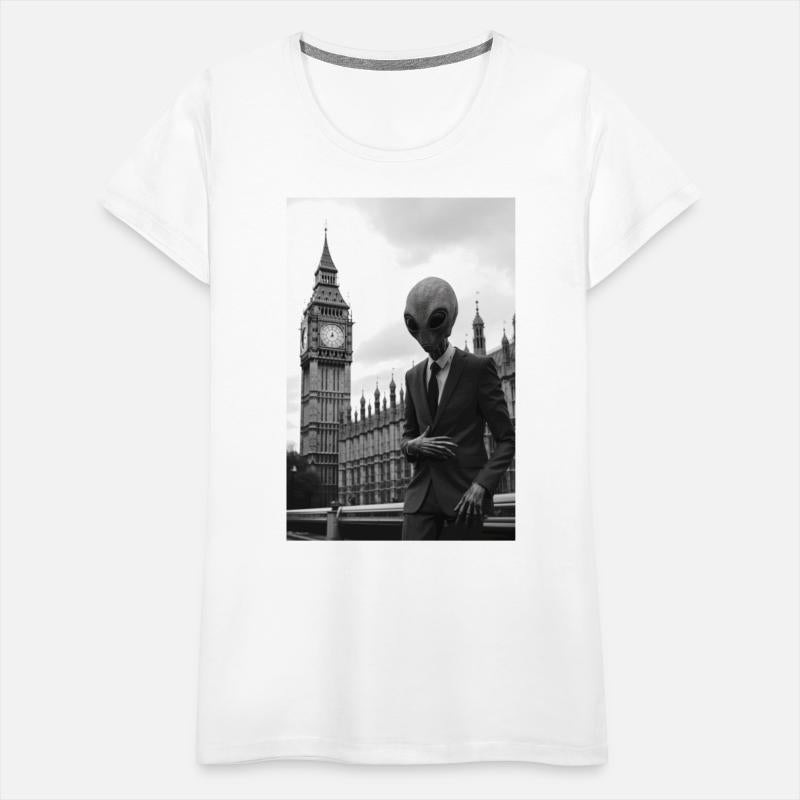 Alien in Suit at London's Parliament - B&W Photo