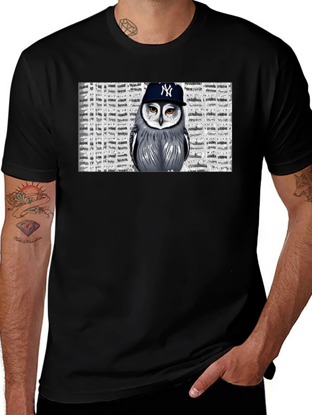 Owl in NY Cap Black T-Shirt