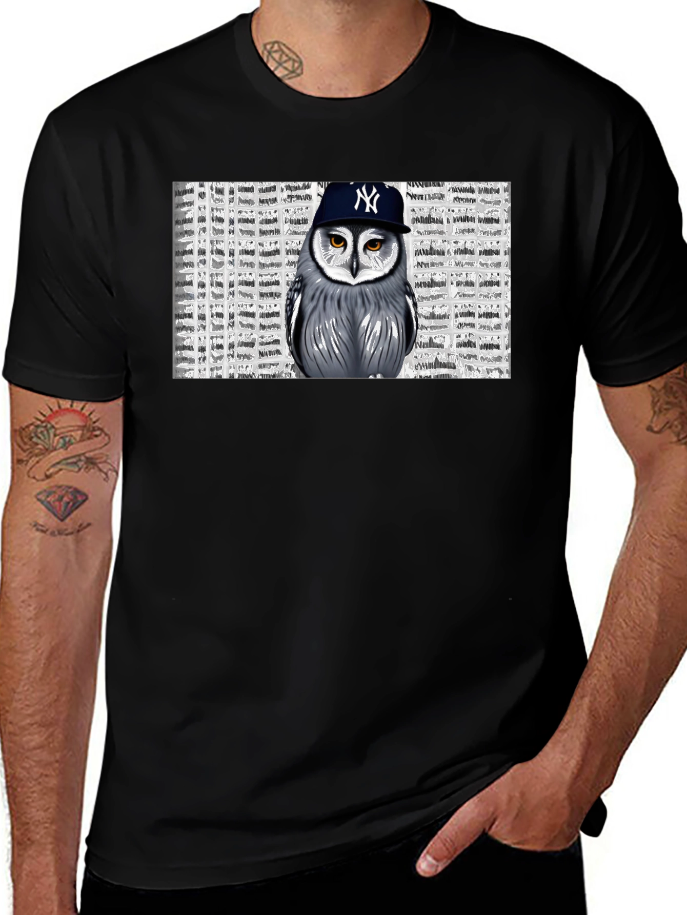 Owl in NY Cap Black T-Shirt