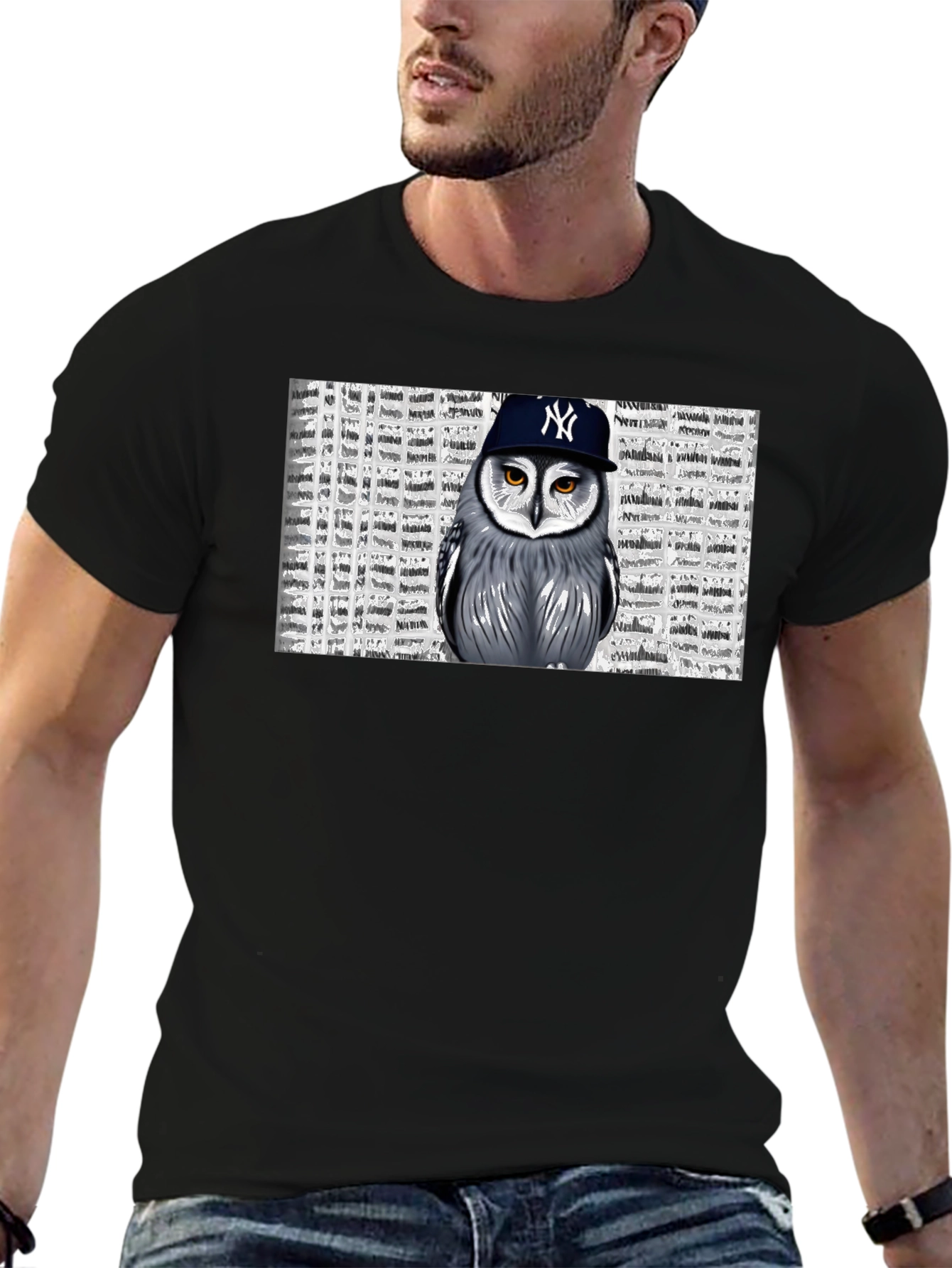 Owl in NY Cap Black T-Shirt