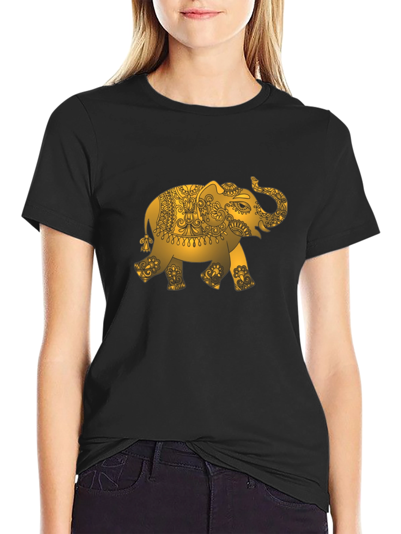 Gold Elephant Graphic Black T-Shirt