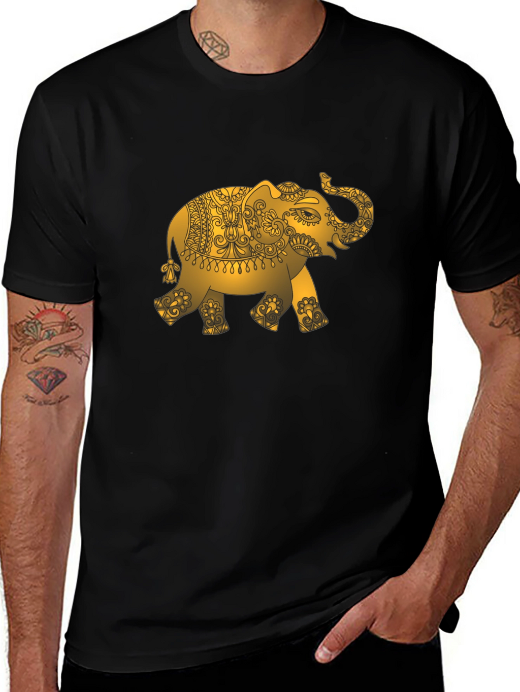 Gold Elephant Graphic Black T-Shirt