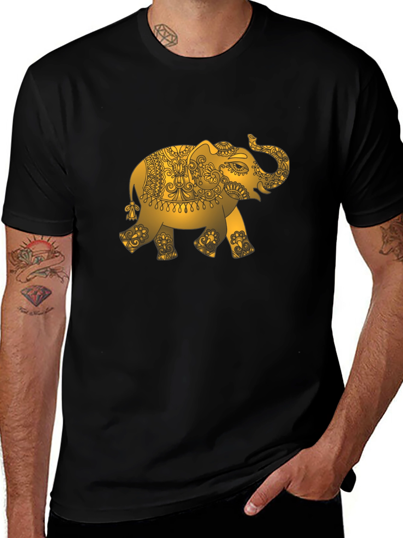 Gold Elephant Graphic Black T-Shirt