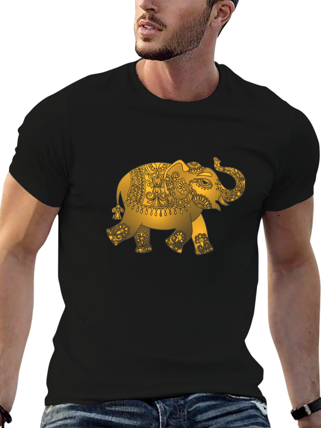 Gold Elephant Graphic Black T-Shirt