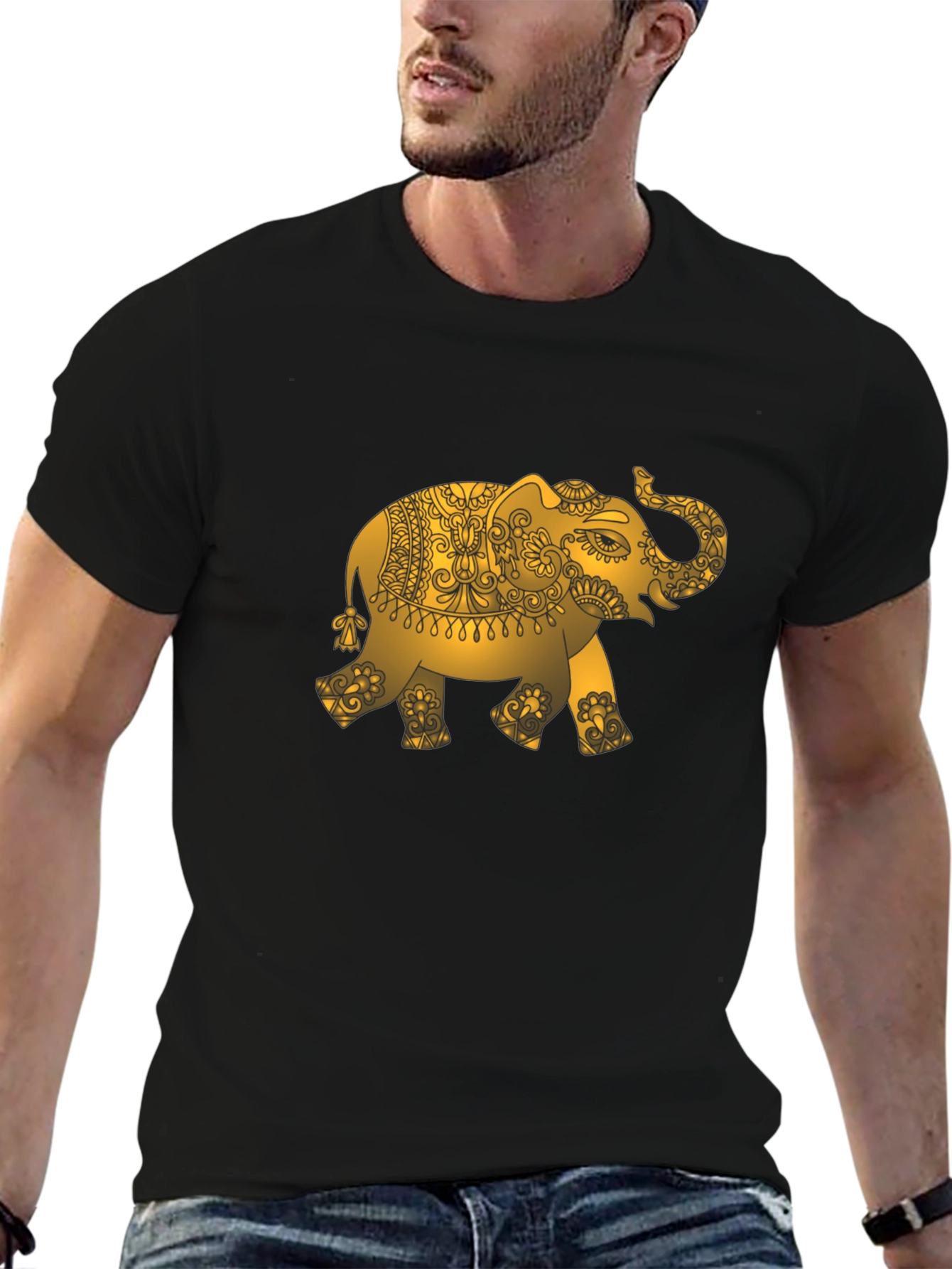 Gold Elephant Graphic Black T-Shirt