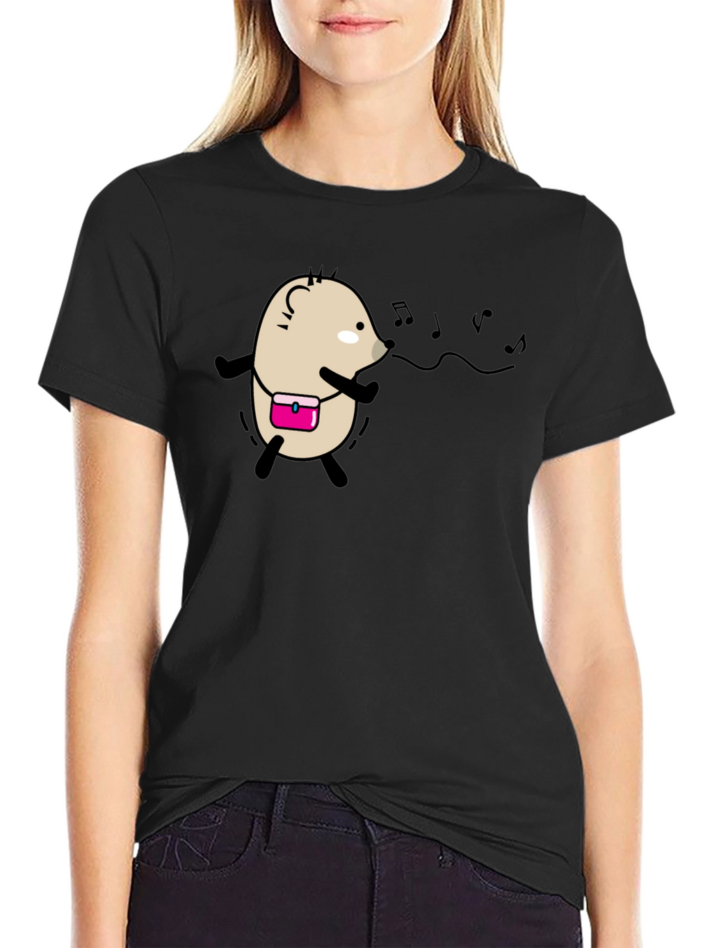 Whimsical Singing Hedgehog Black T-Shirt