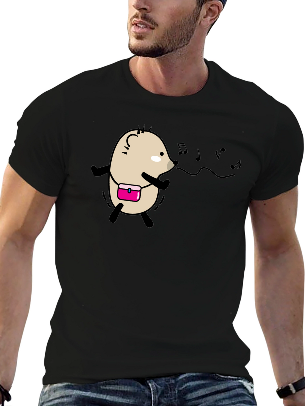 Whimsical Singing Hedgehog Black T-Shirt