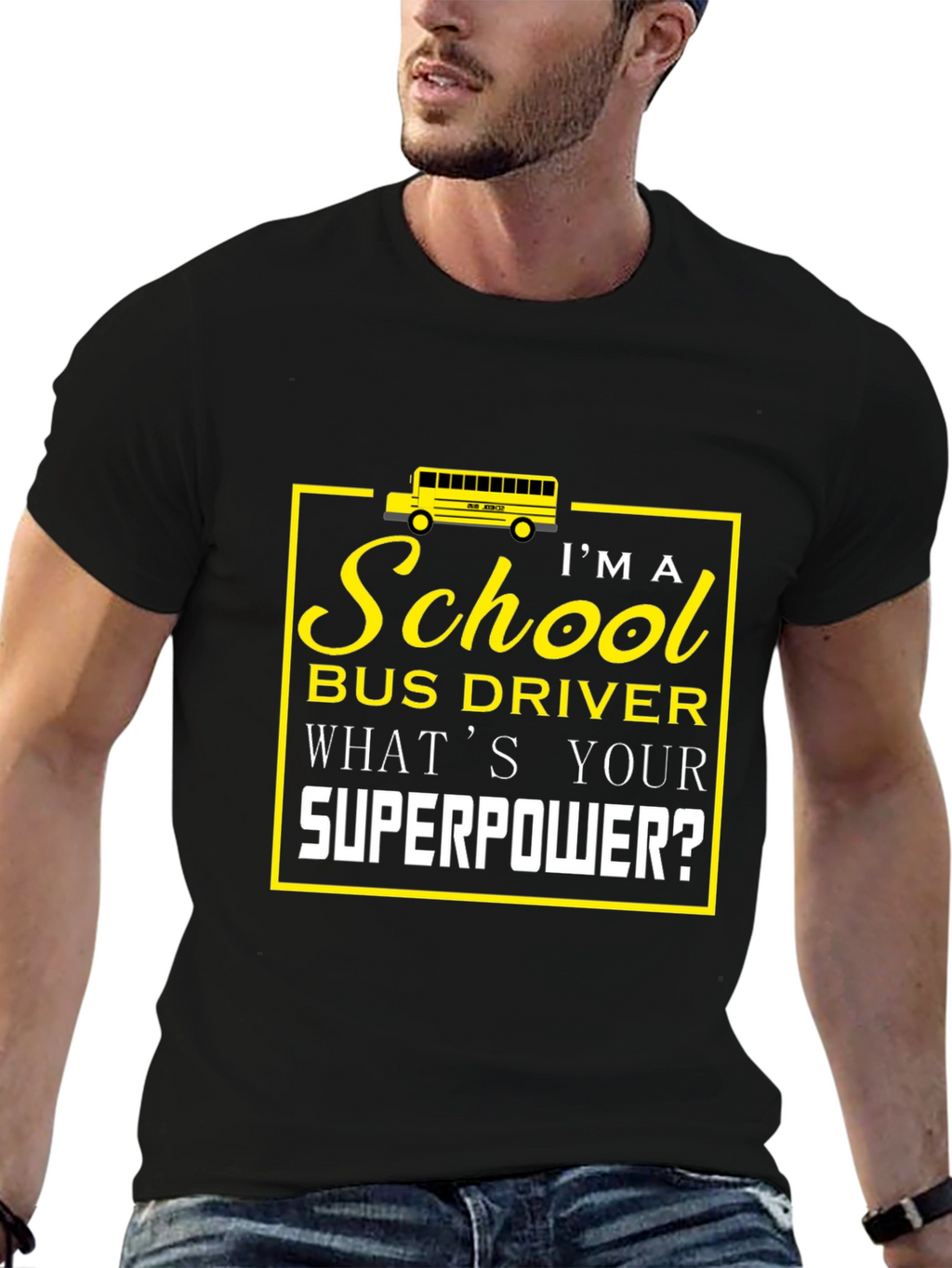 School Bus Driver Superpower Black Graphic T-Shirt