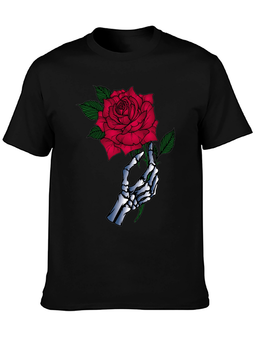 Skeleton Hand Rose Graphic Black T-Shirt