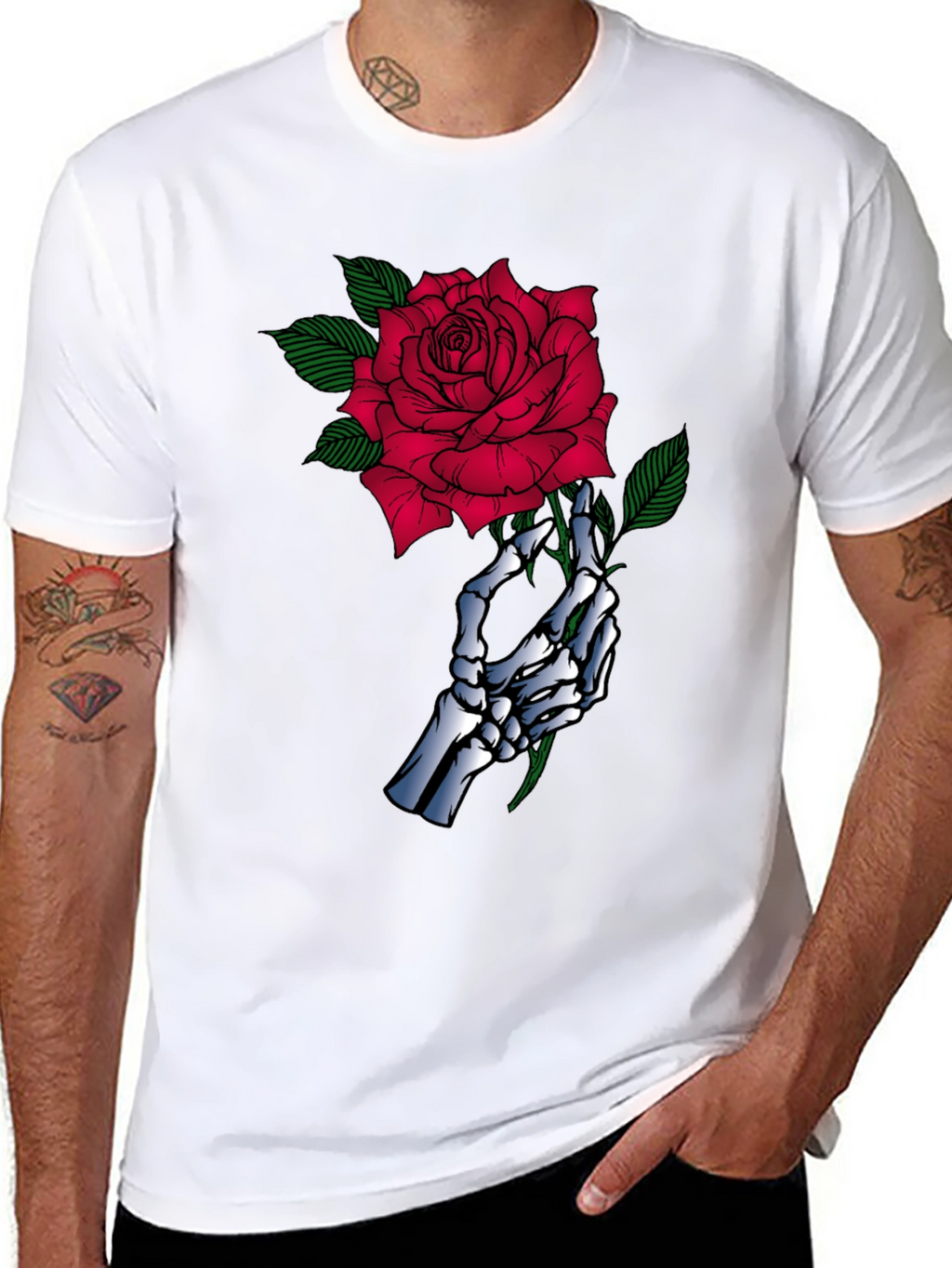 Skeleton Hand Rose Graphic Black T-Shirt