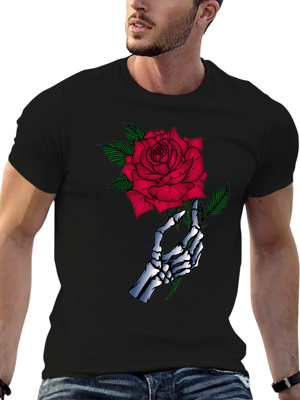 Skeleton Hand Rose Graphic Black T-Shirt