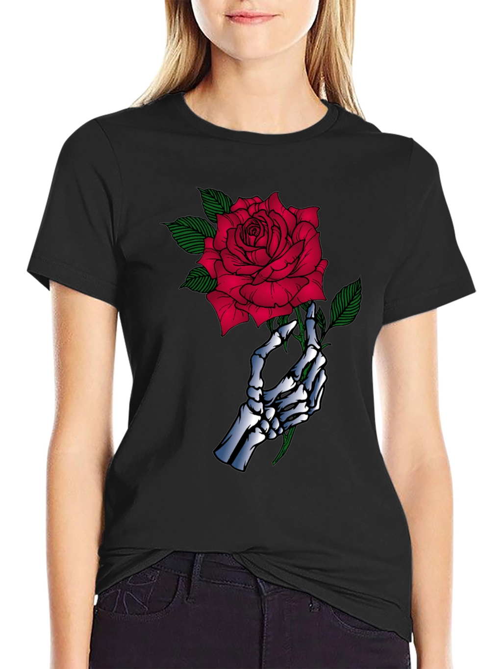 Skeleton Hand Rose Graphic Black T-Shirt
