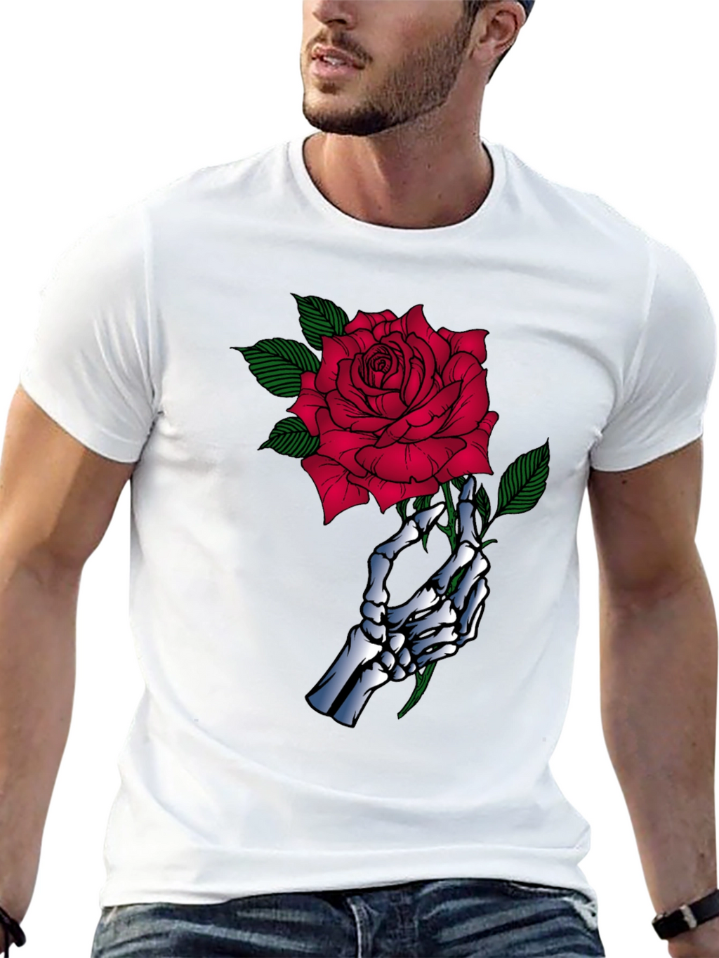 Skeleton Hand Rose Graphic Black T-Shirt