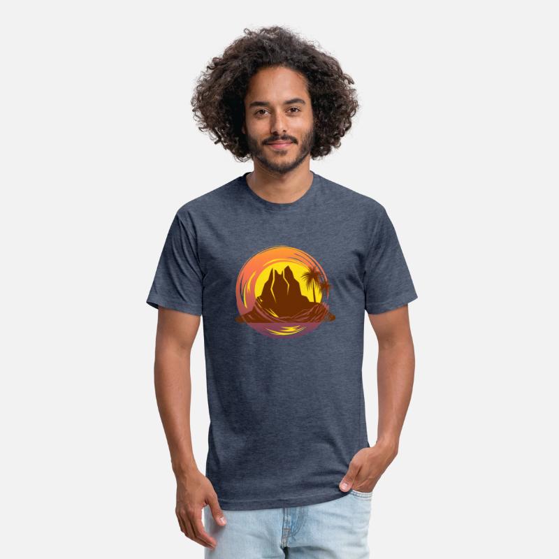 Badge with tropical volcano scenery and palm trees