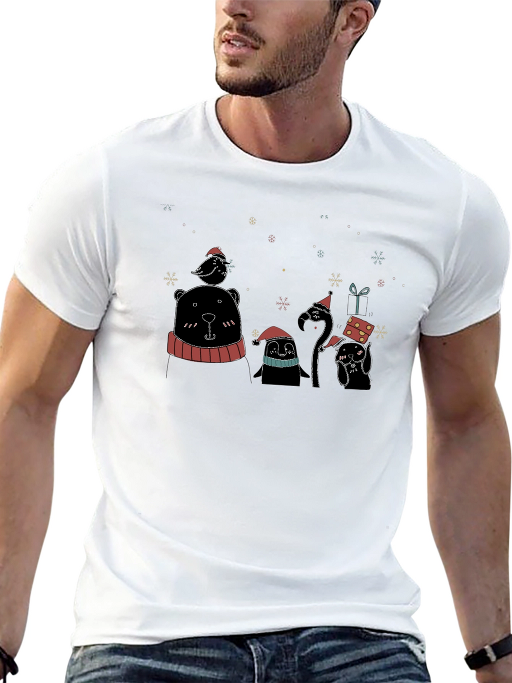 Festive Holiday Animal Print Black T-Shirt