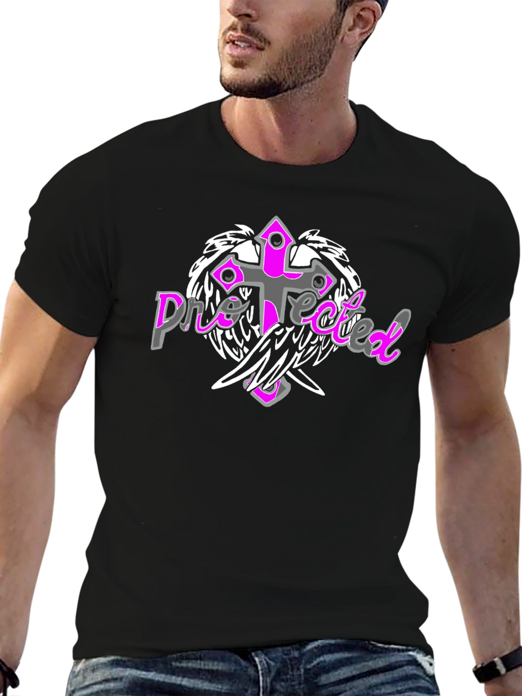 Protected Cross Graphic Tee - Stylish Black Shirt
