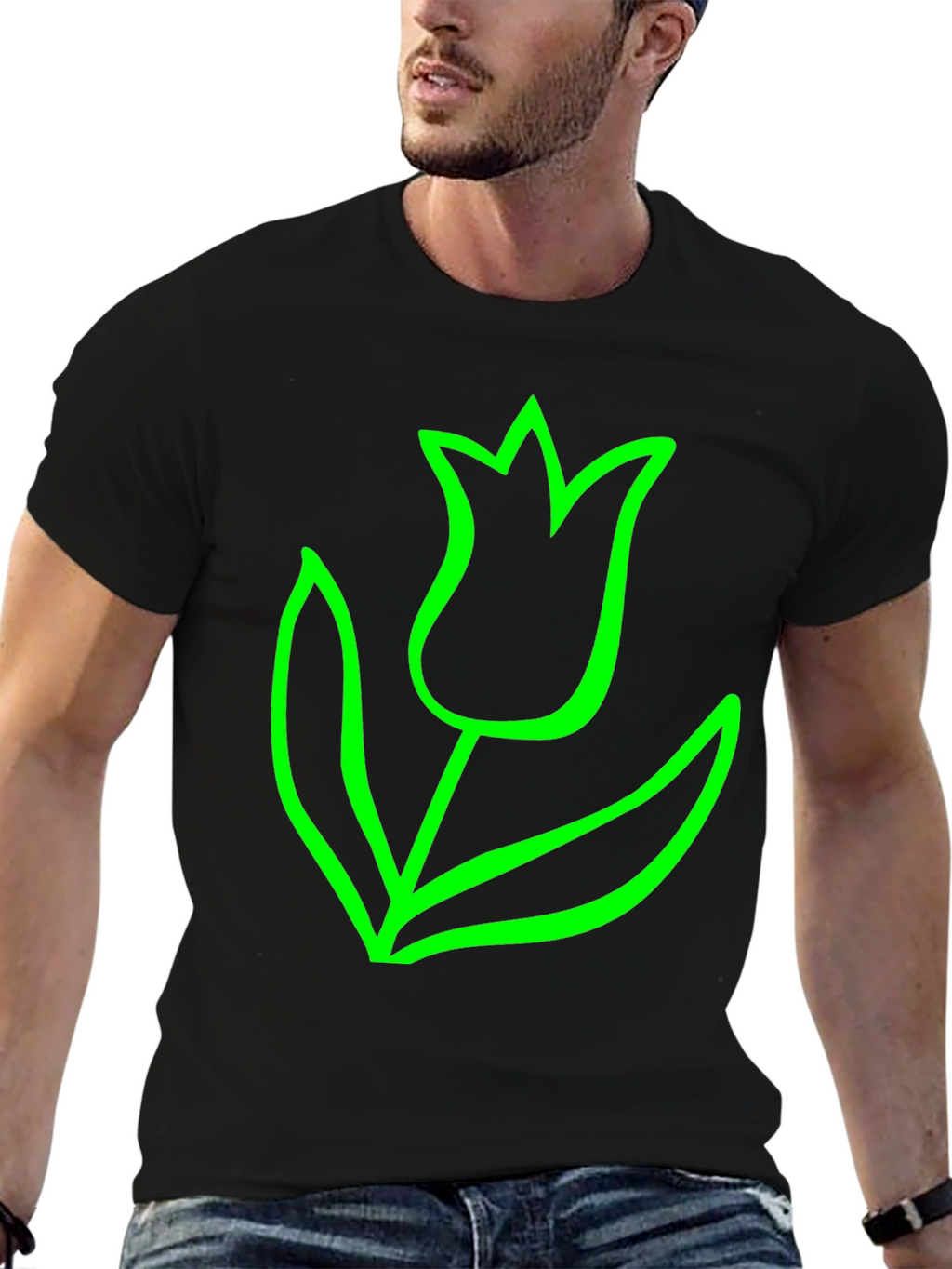 Bold Green Tulip Graphic Black T-Shirt