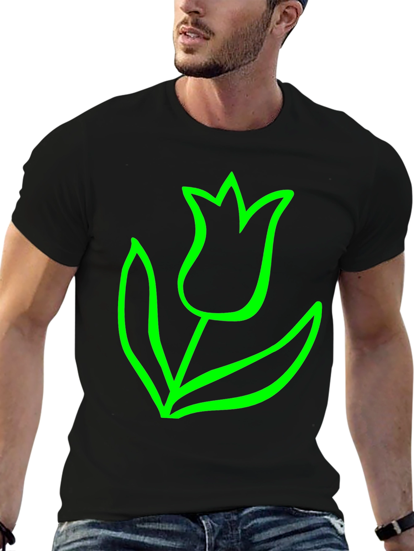 Bold Green Tulip Graphic Black T-Shirt