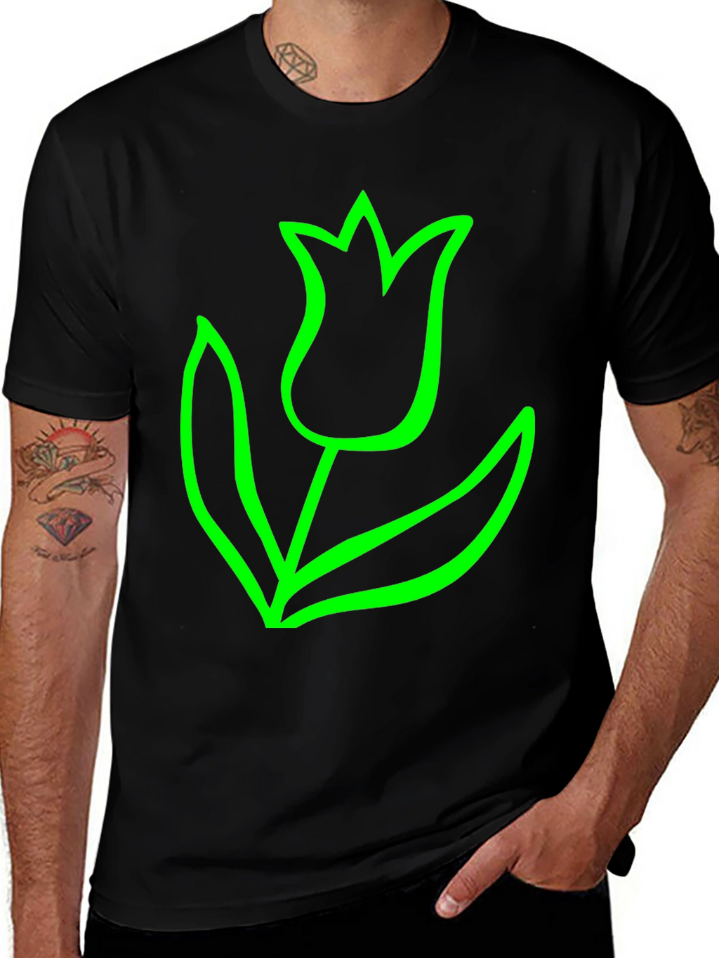 Bold Green Tulip Graphic Black T-Shirt