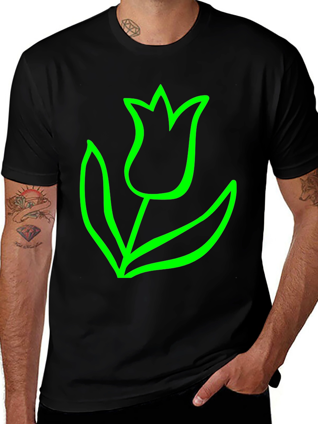 Bold Green Tulip Graphic Black T-Shirt