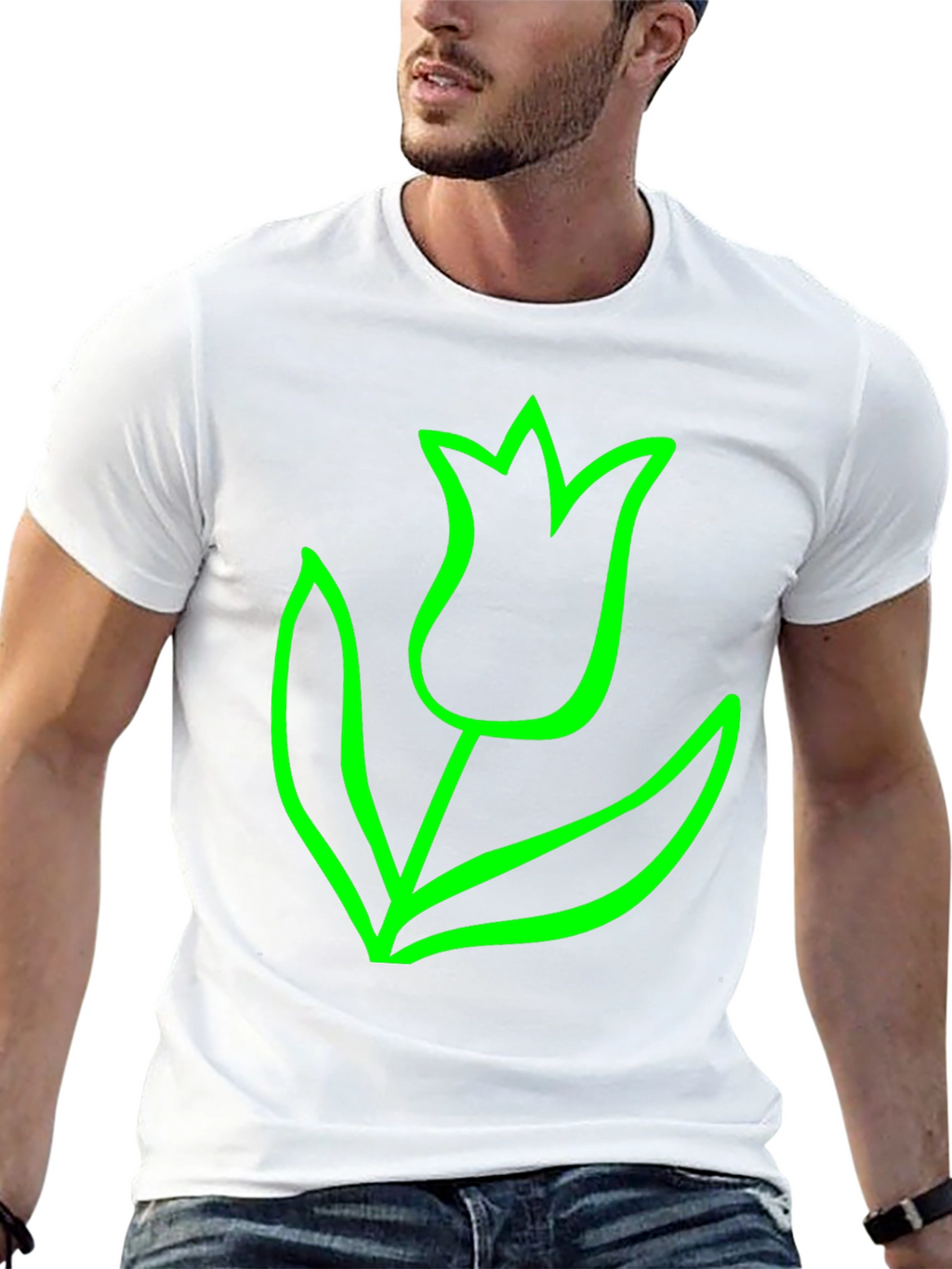 Bold Green Tulip Graphic Black T-Shirt