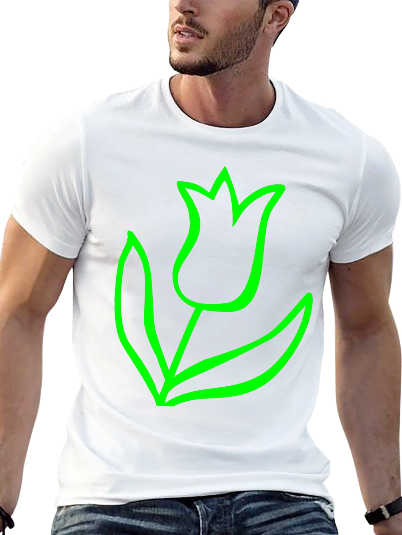 Bold Green Tulip Graphic Black T-Shirt