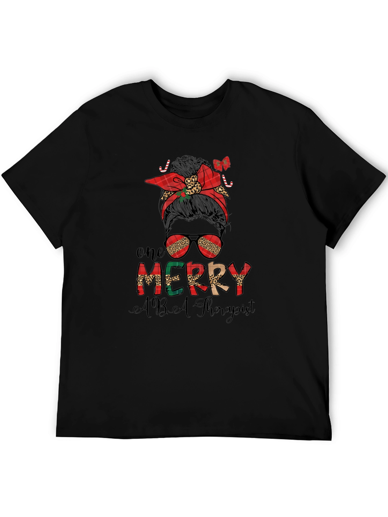 One Merry ABA Therapist Christmas Messy Bun T-Shirt