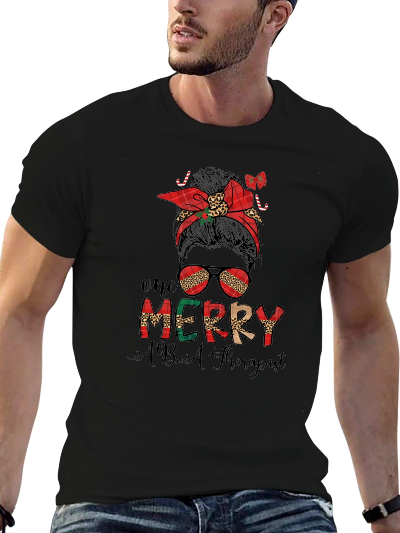 One Merry ABA Therapist Christmas Messy Bun T-Shirt