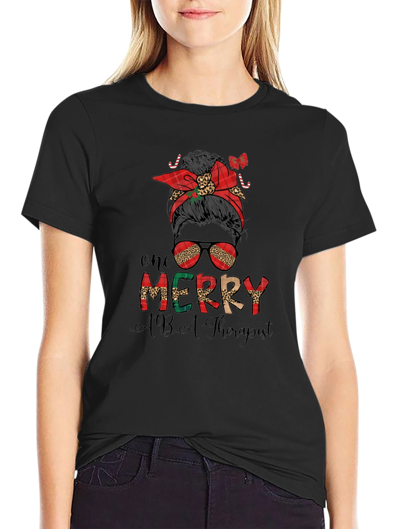 One Merry ABA Therapist Christmas Messy Bun T-Shirt