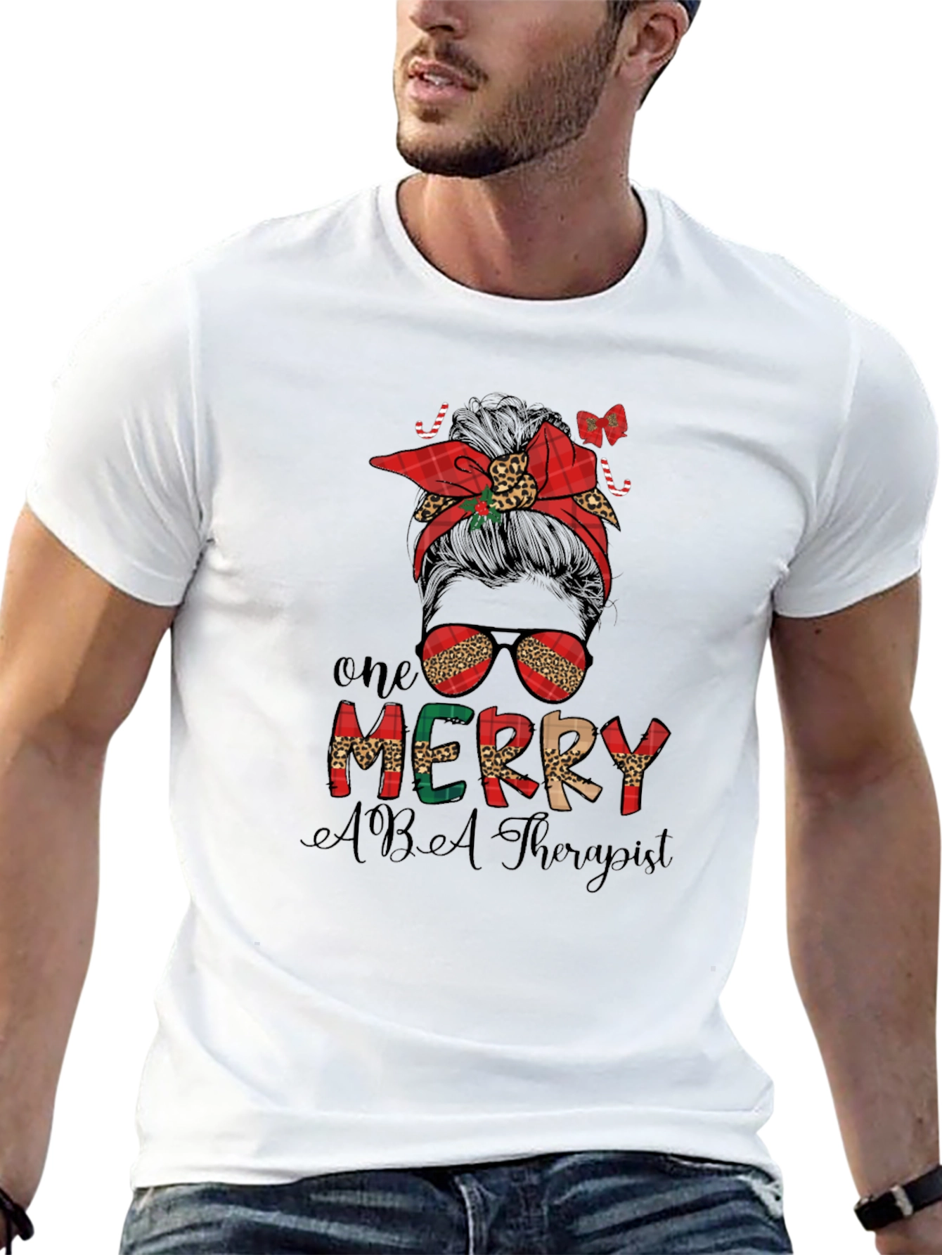 One Merry ABA Therapist Christmas Messy Bun T-Shirt