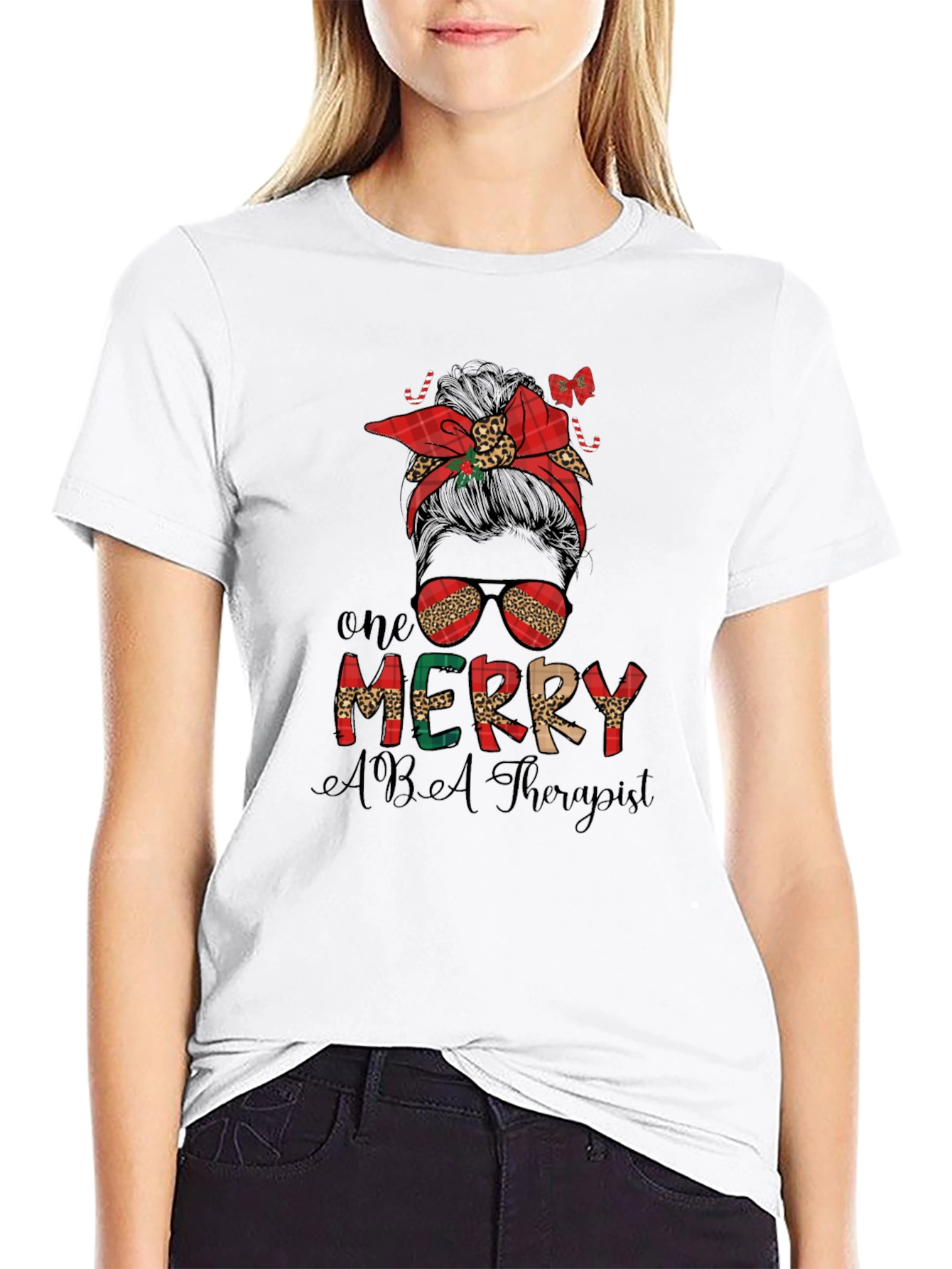 One Merry ABA Therapist Christmas Messy Bun T-Shirt