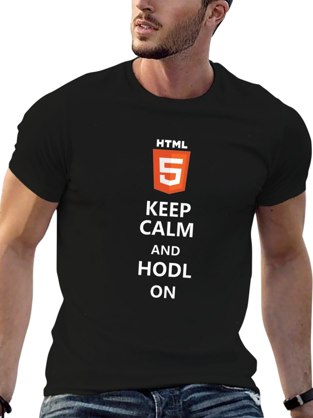 Keep Calm & HODL On HTML5 Black T-Shirt
