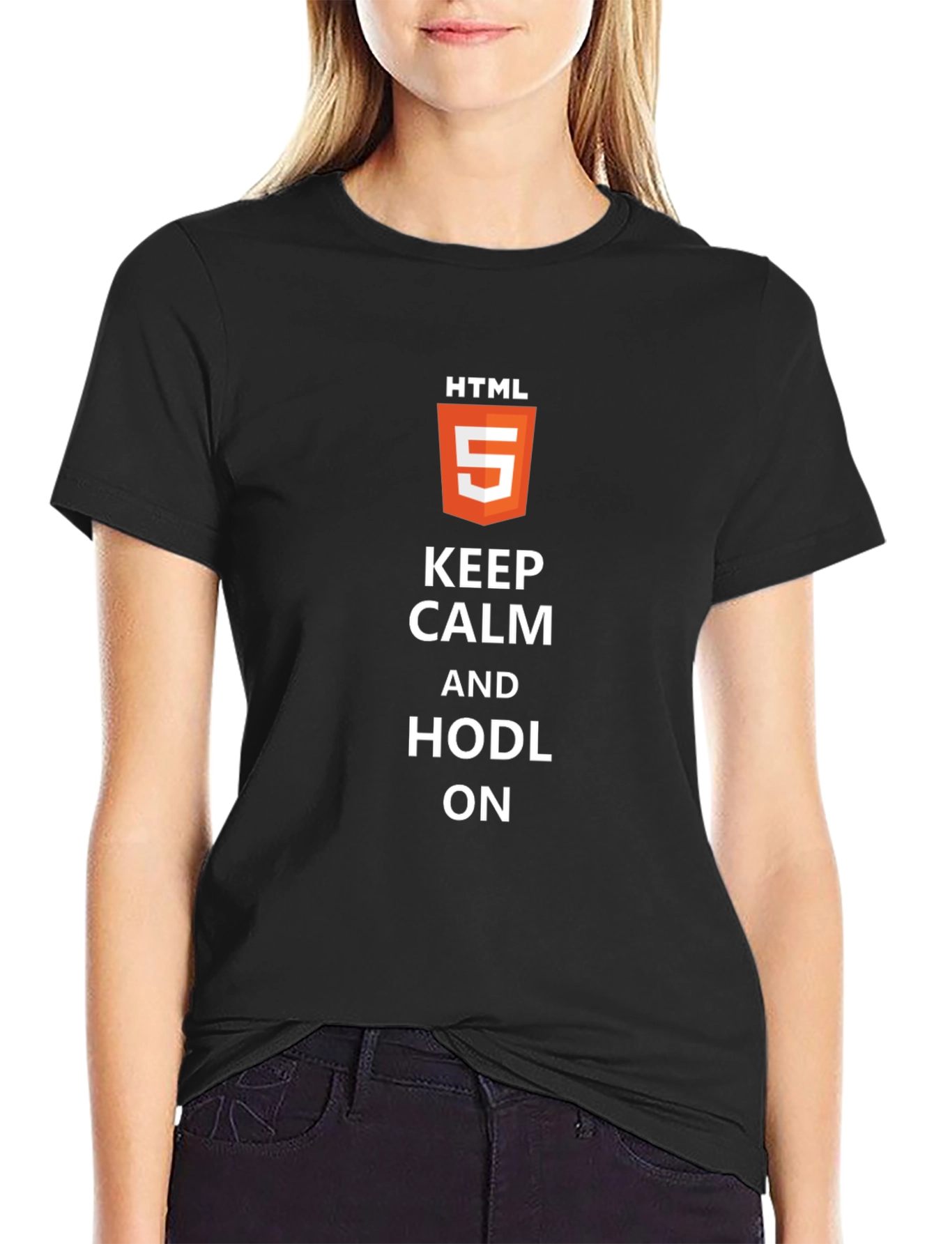 Keep Calm & HODL On HTML5 Black T-Shirt