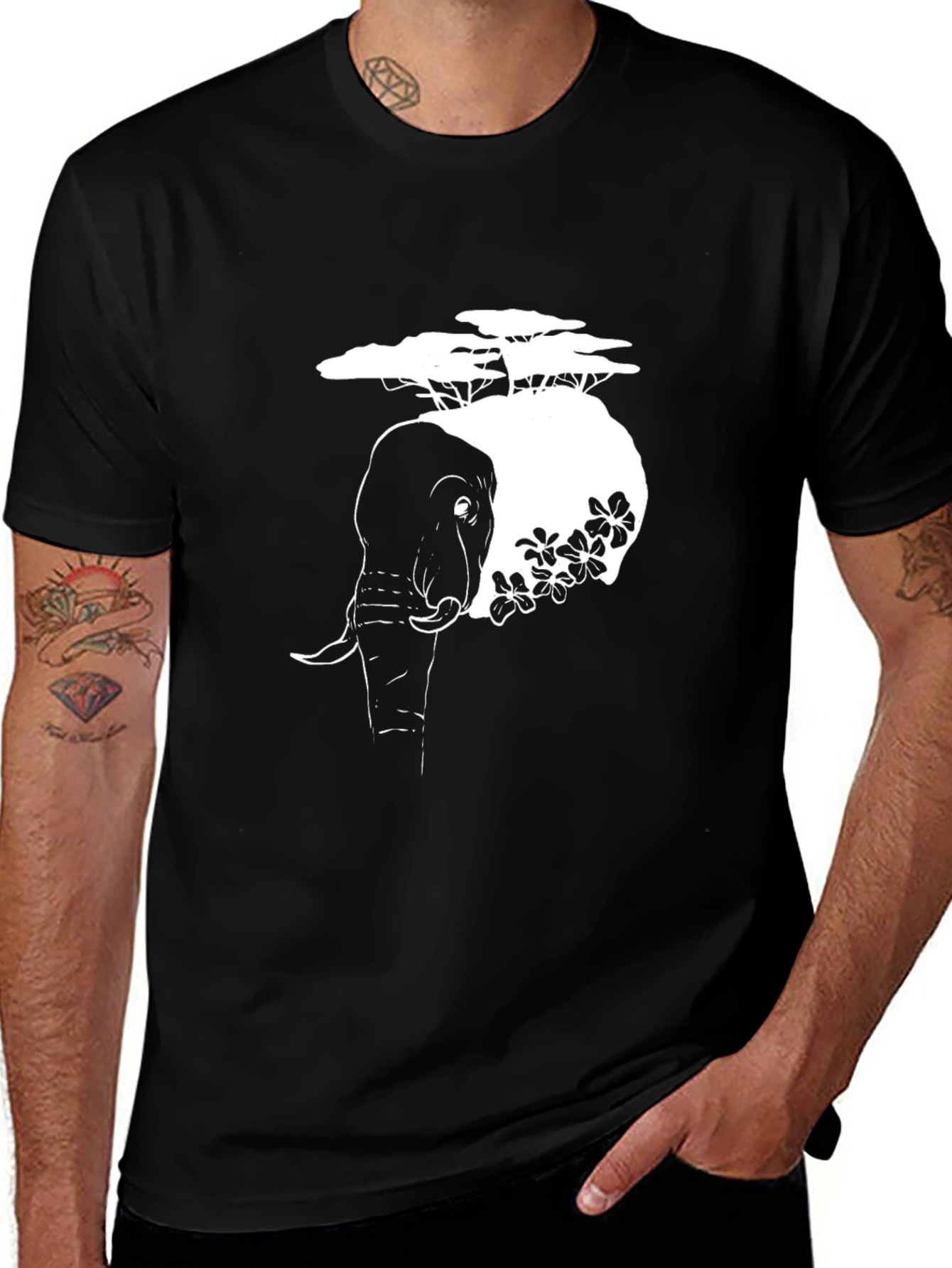 Elephant & Tree Graphic T-Shirt - Black