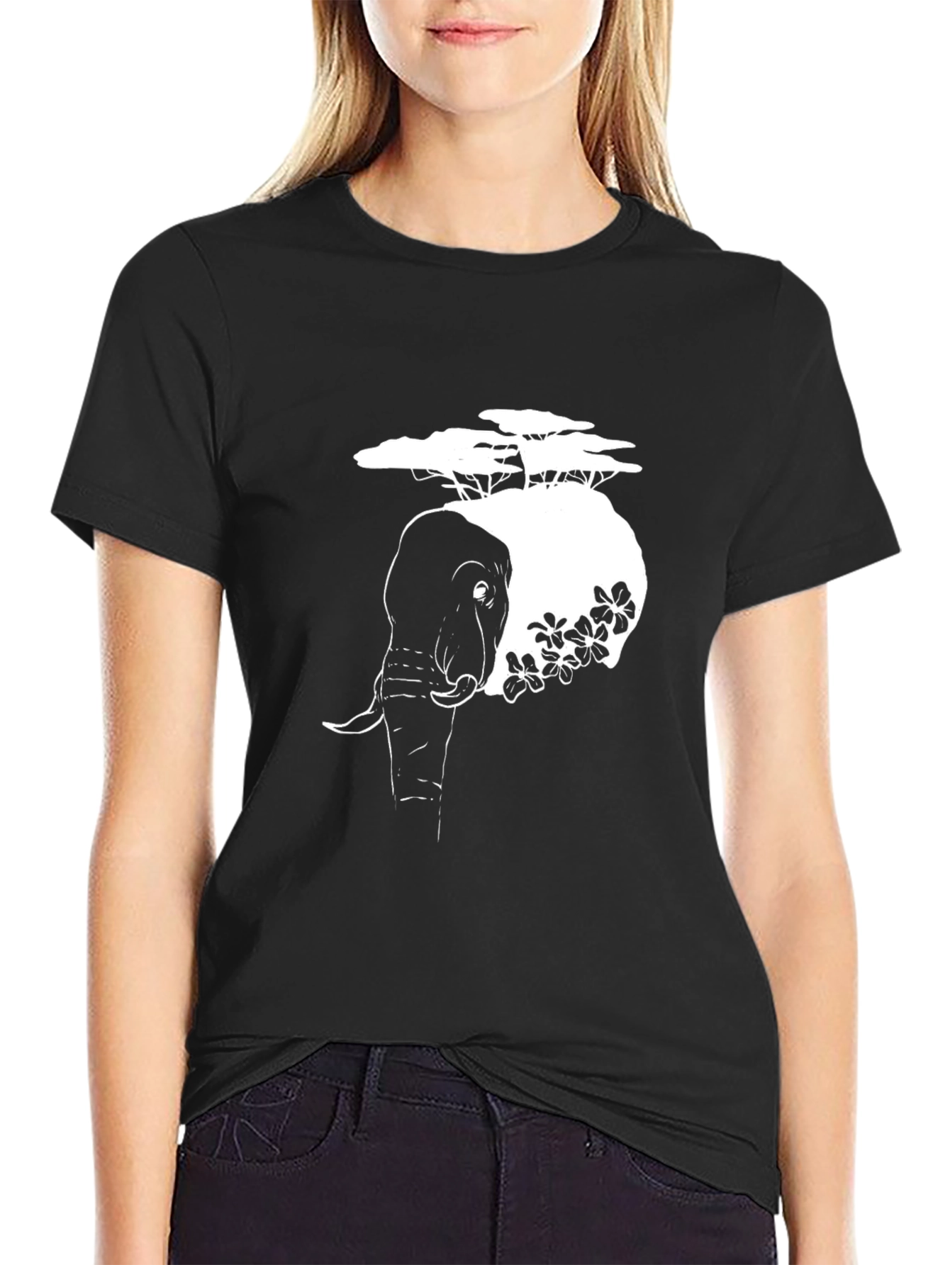 Elephant & Tree Graphic T-Shirt - Black