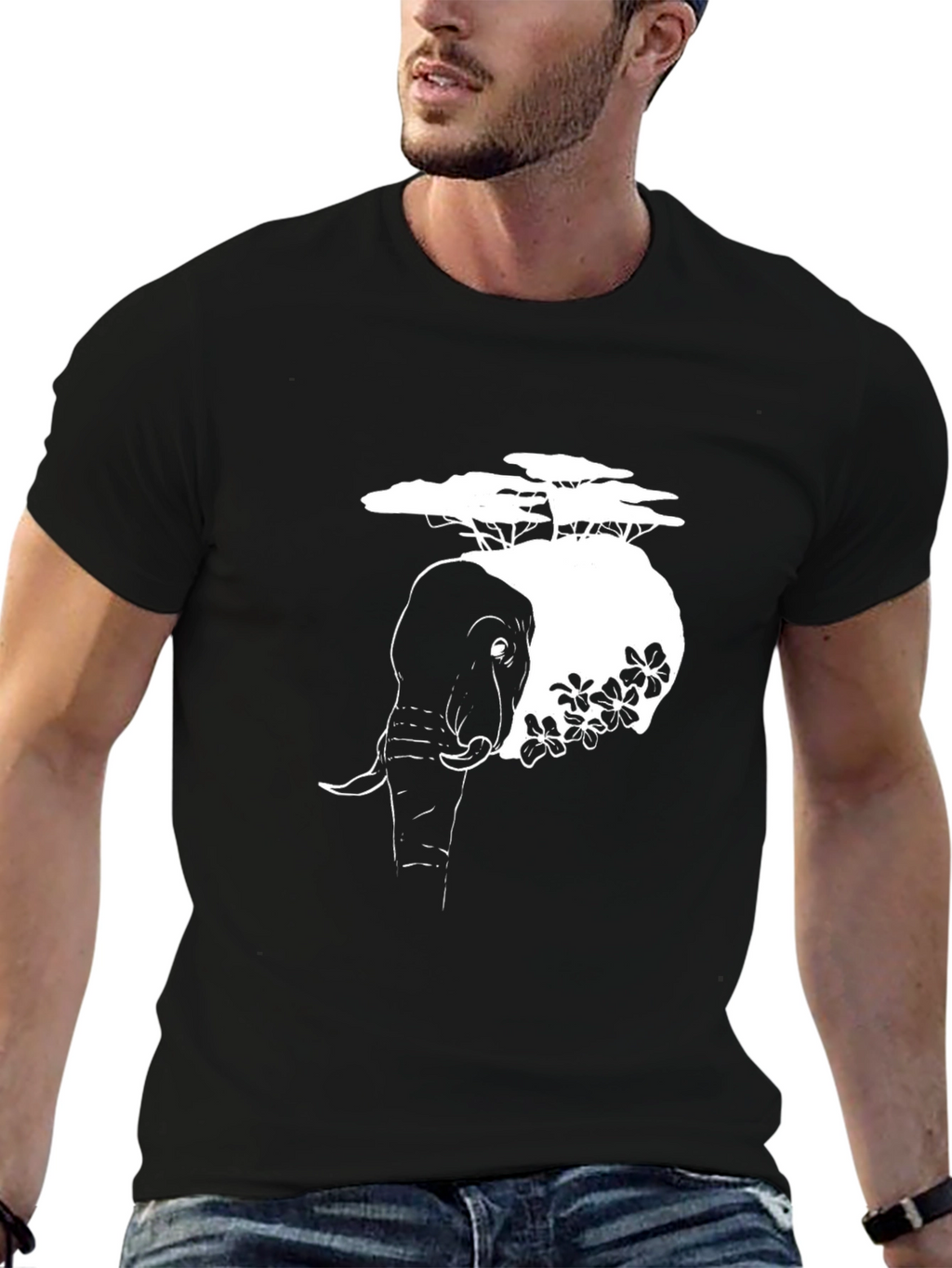 Elephant & Tree Graphic T-Shirt - Black