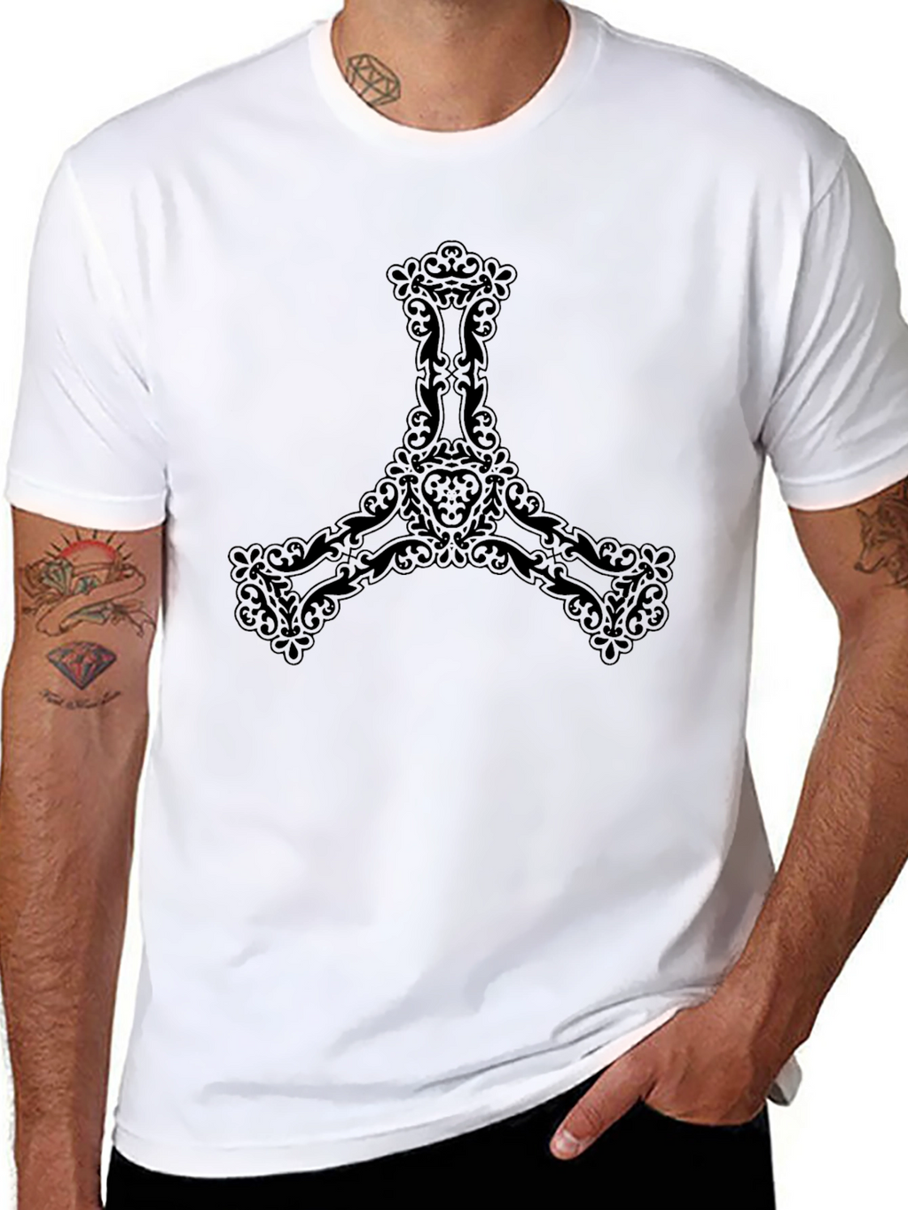 Mens Black T-Shirt with Ornate Trefoil Design