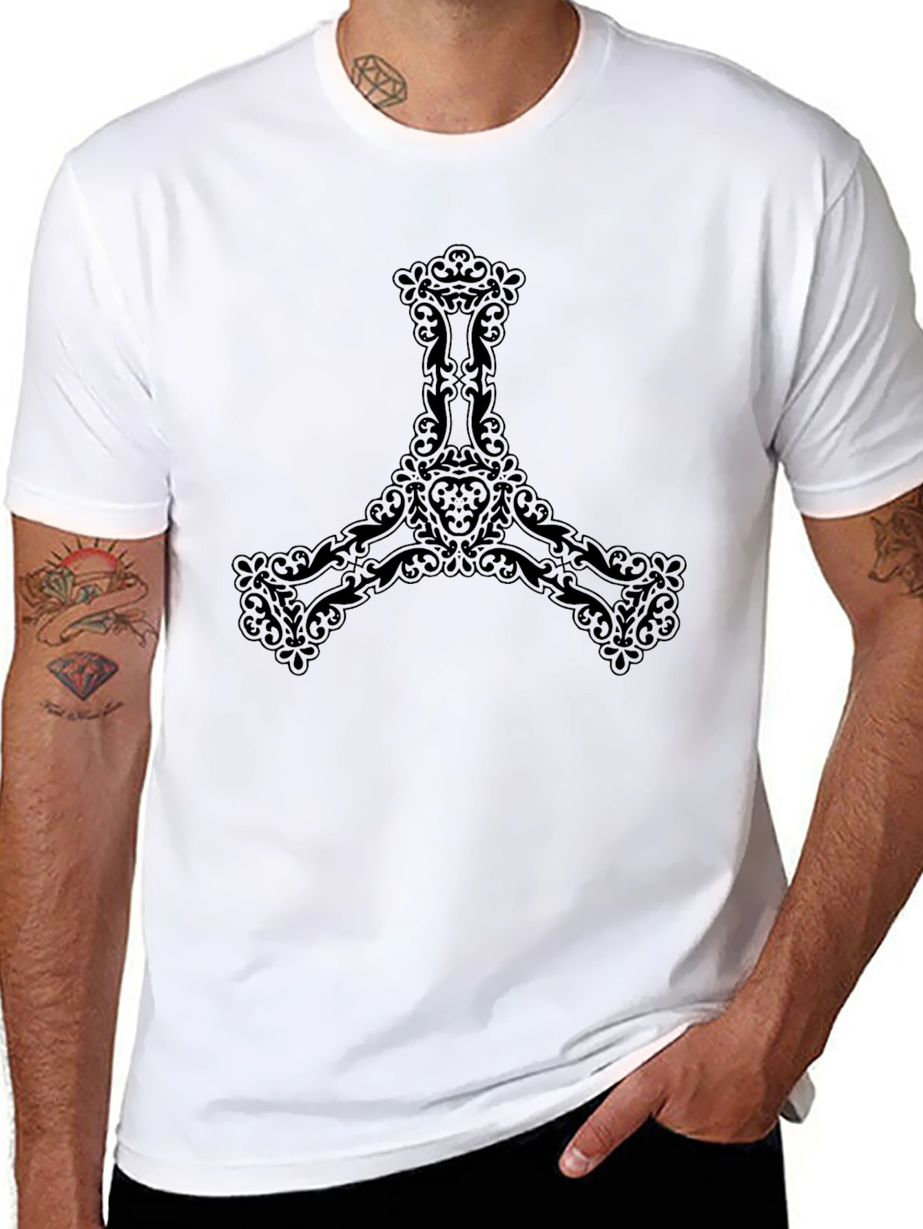 Mens Black T-Shirt with Ornate Trefoil Design
