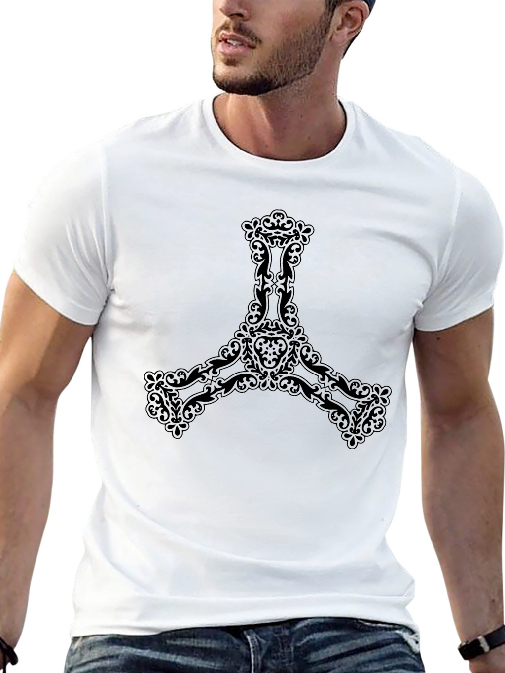 Mens Black T-Shirt with Ornate Trefoil Design