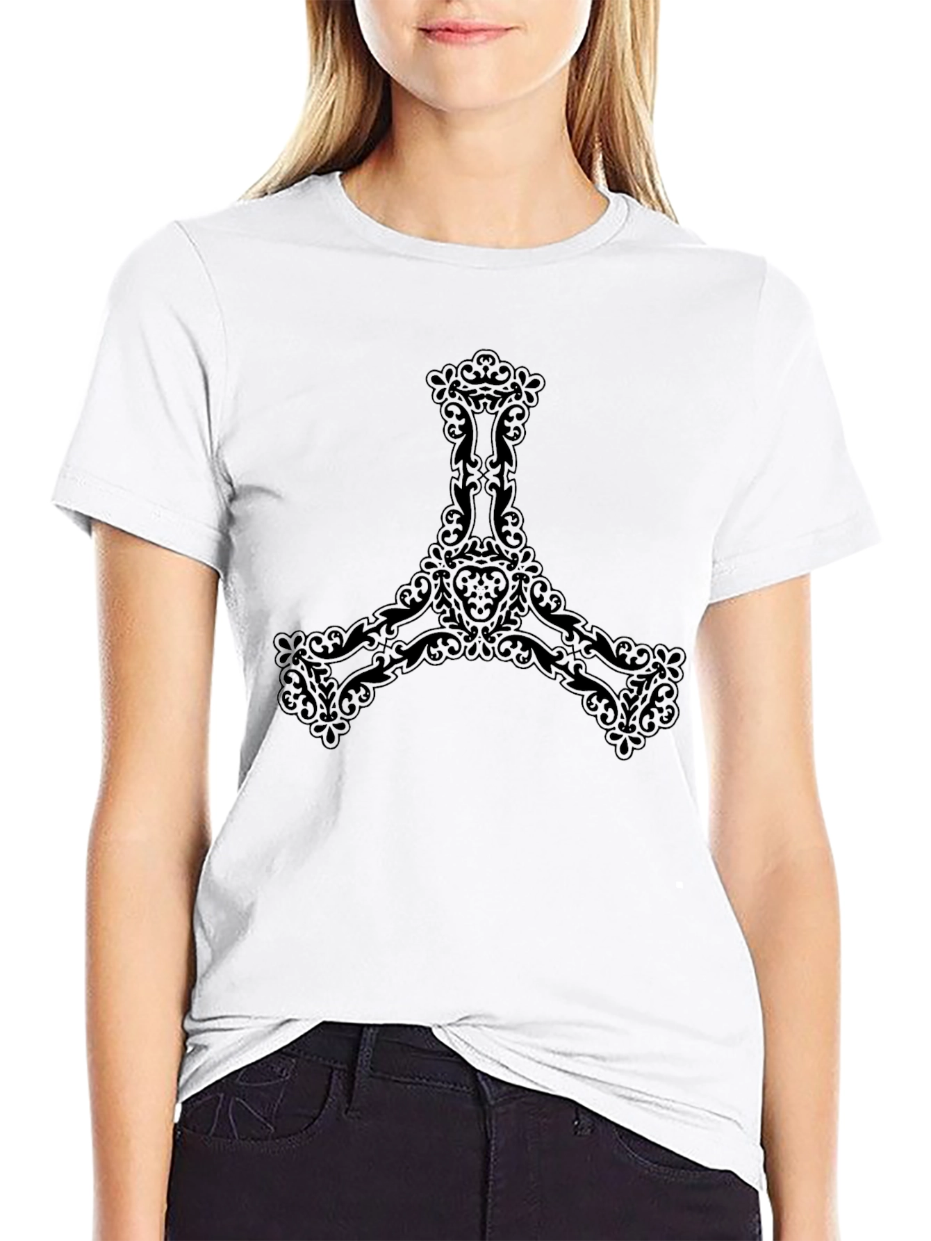 Mens Black T-Shirt with Ornate Trefoil Design