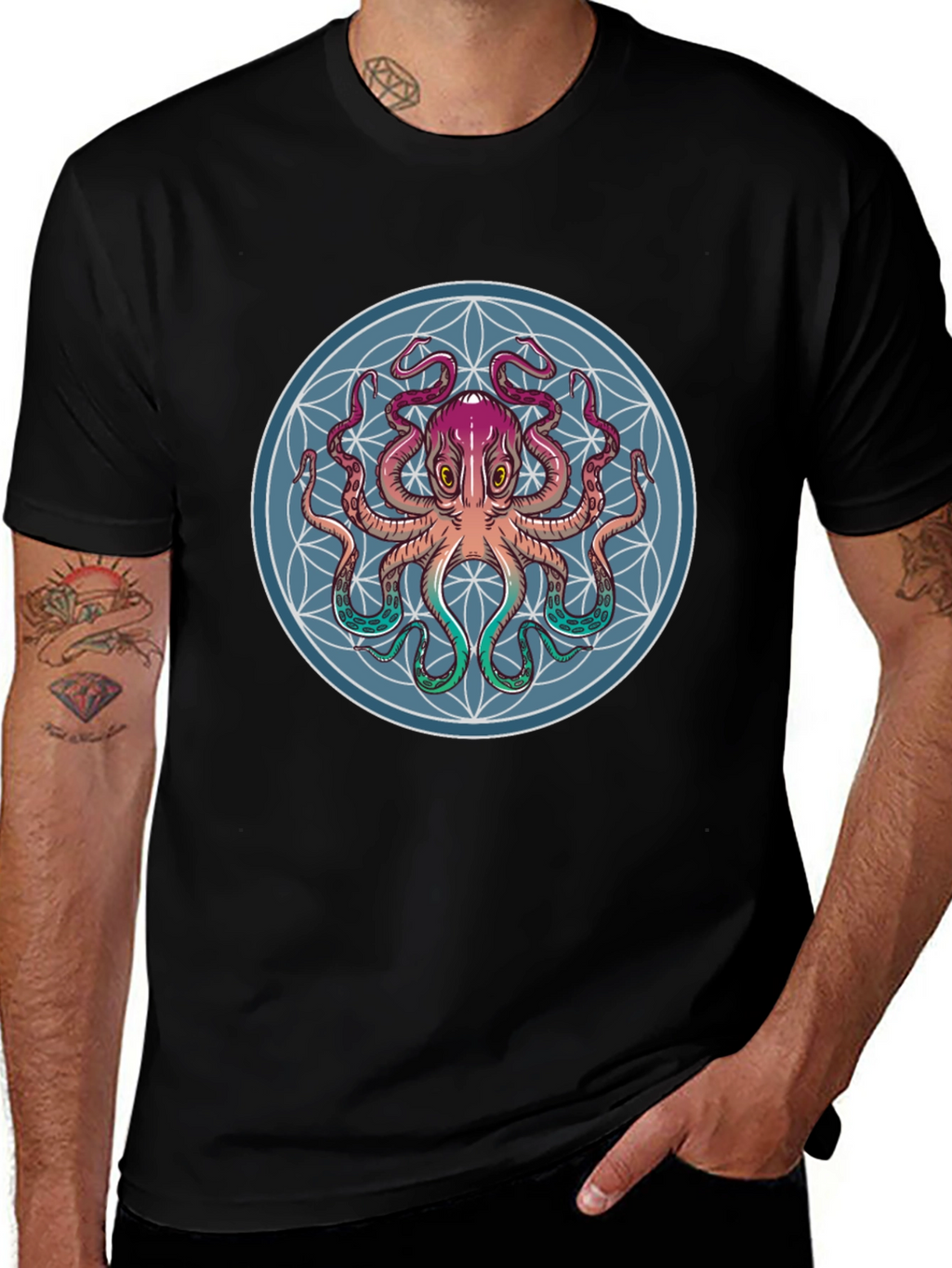 Octopus Mandala Graphic Tee - Black Cotton T-Shirt