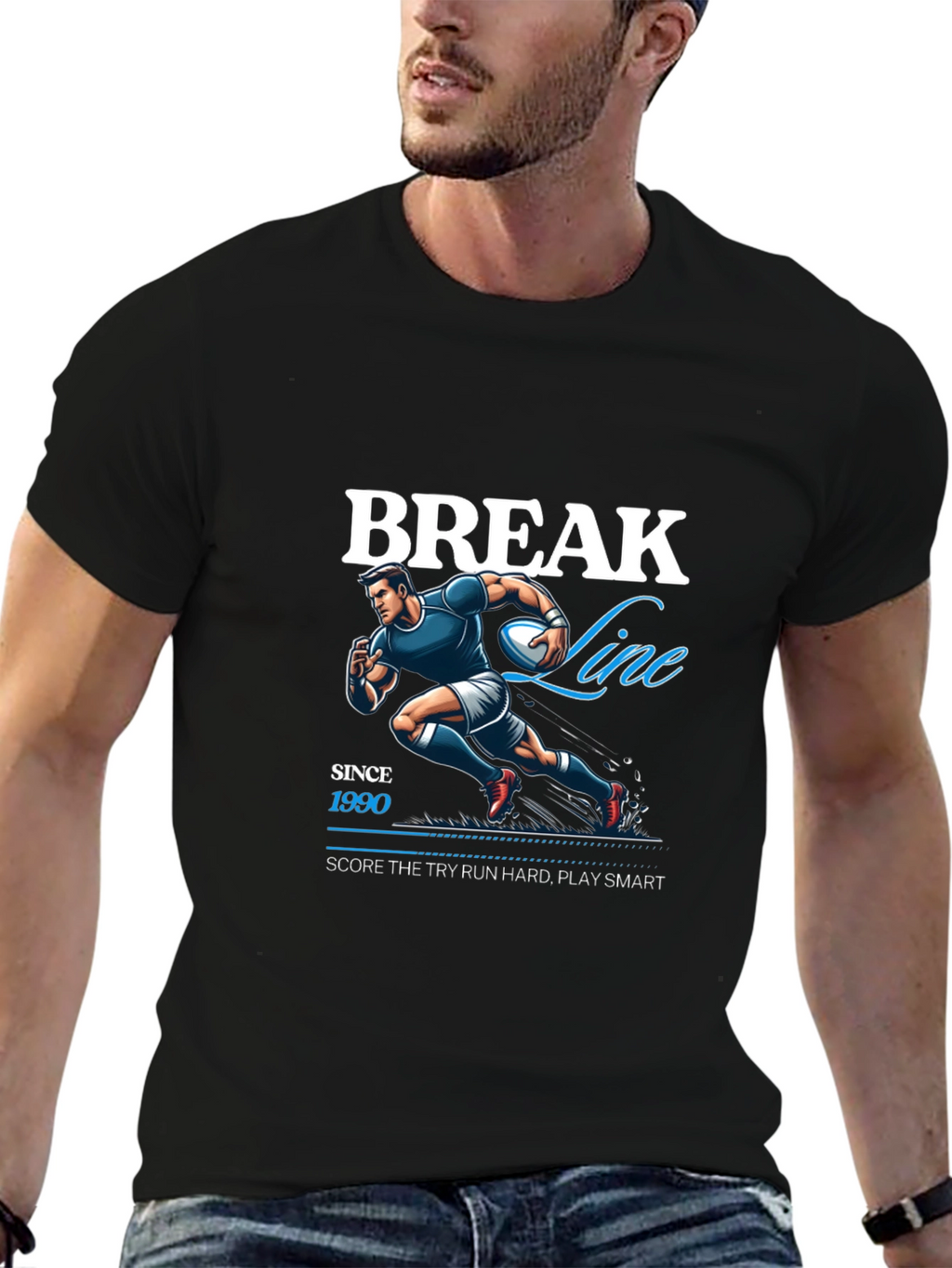 Break Line Rugby Graphic T-Shirt - Black