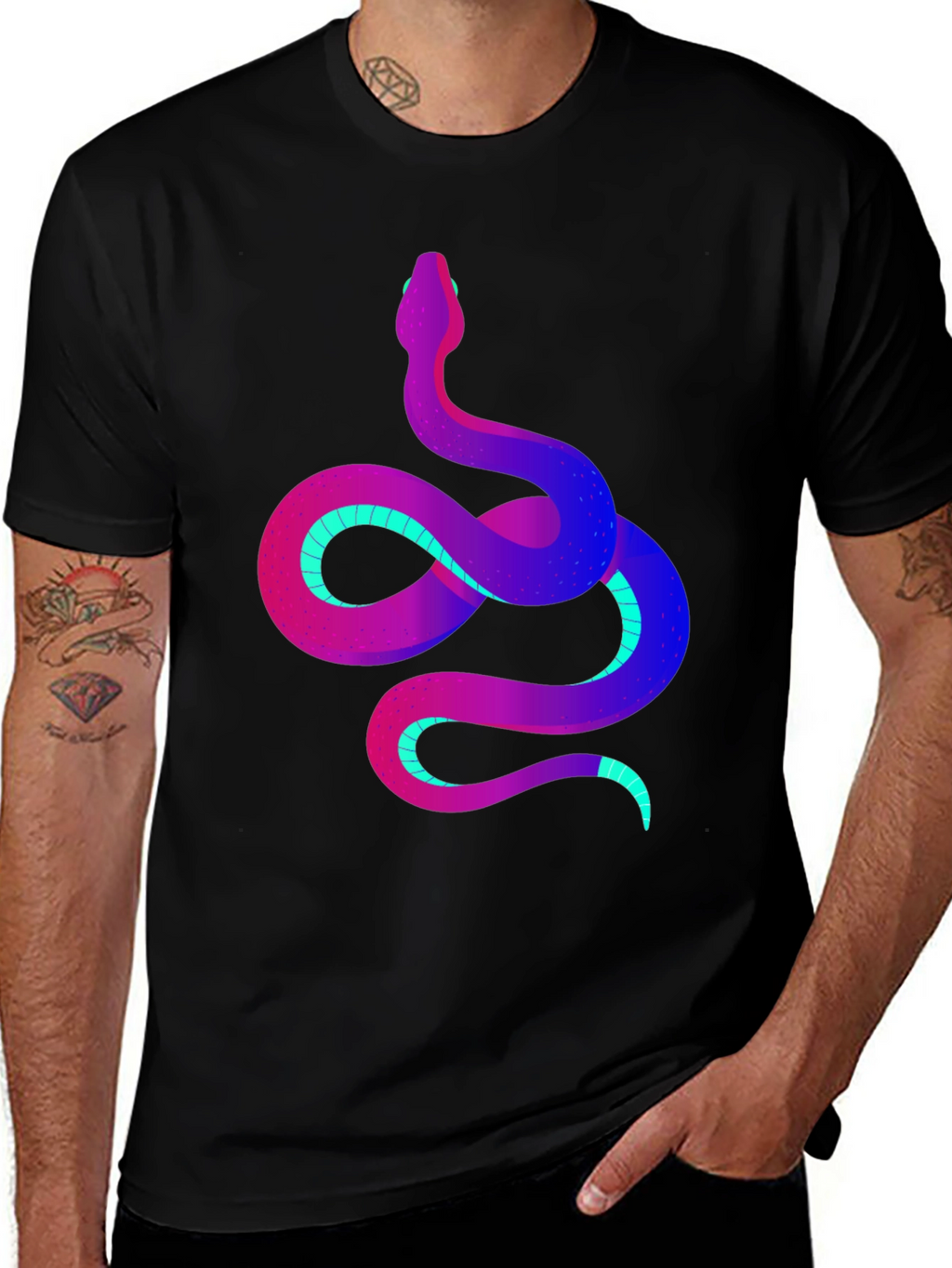 Vibrant Snake Graphic Tee - Stylish Mens Black T-Shirt