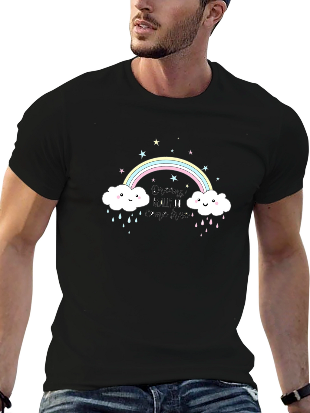 Rainbow Cloud Graphic Tee - Black Cotton T-Shirt