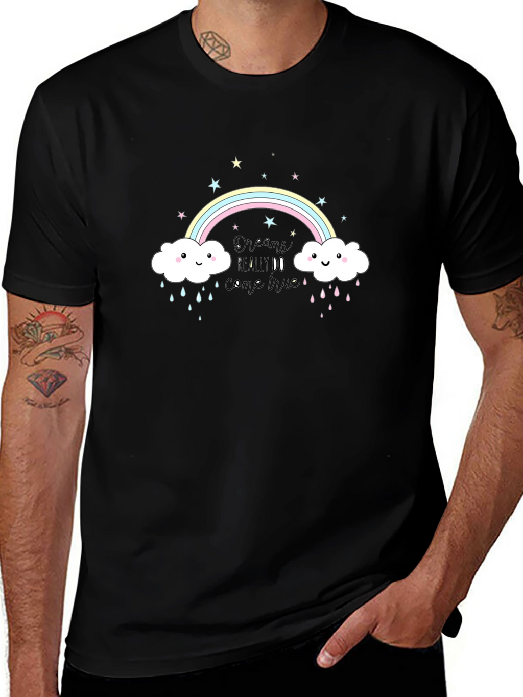 Rainbow Cloud Graphic Tee - Black Cotton T-Shirt
